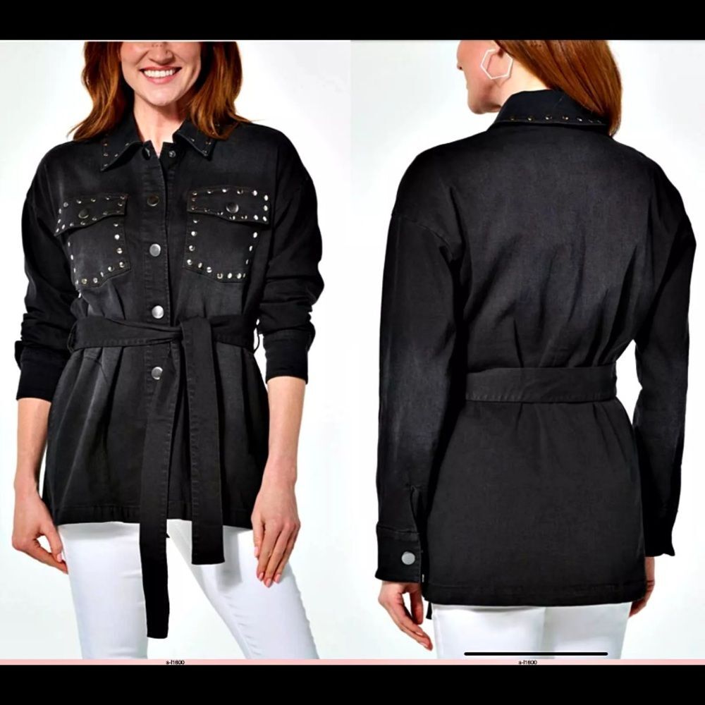 G by Giuliana Black Studded Denim Shacket Belted Jacket Button Front Size XL